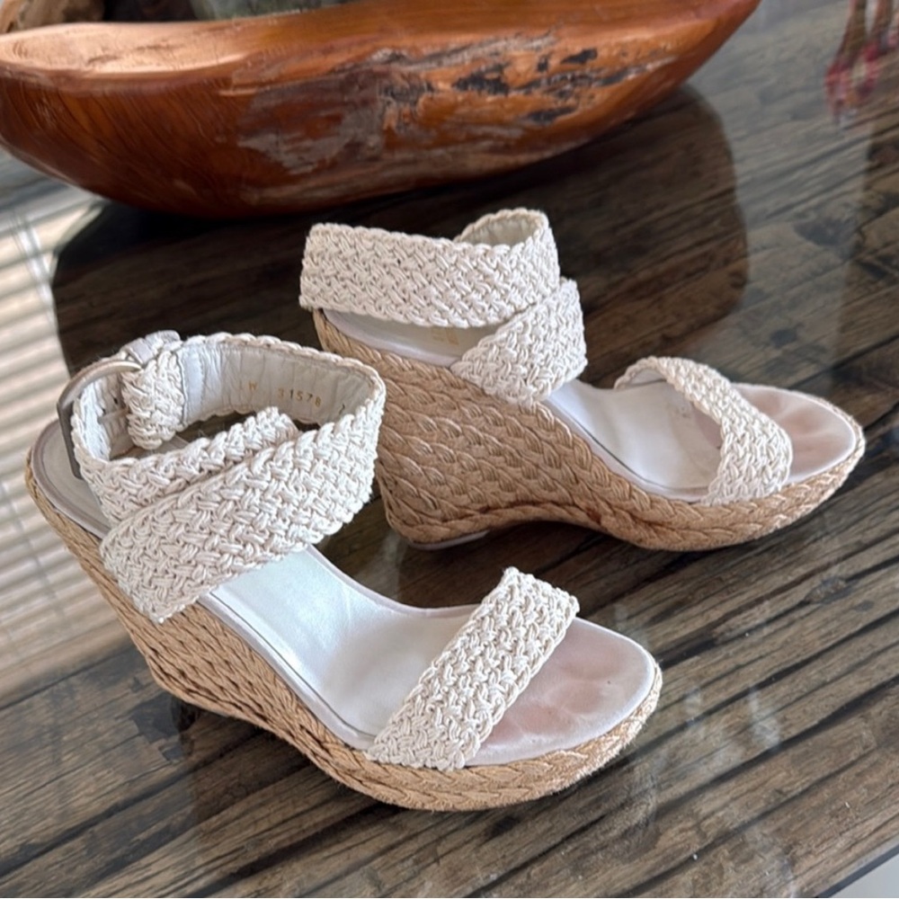 Stuart Weitzman Elegant Cream Woven Wedge Sandals